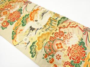 アンティーク　鶴に桧扇・鼓・草花模様織り出し丸帯（着用可）